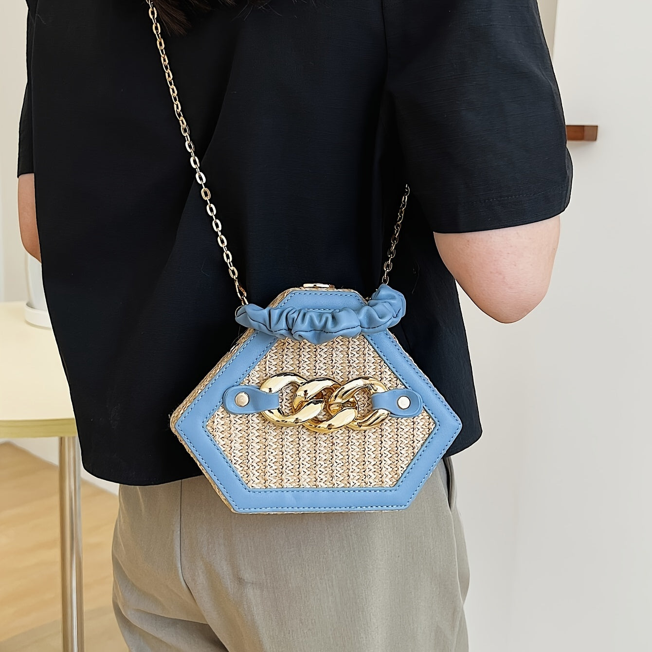 Fashion Niche Shaped Satchel Bag, Chain Decor Straw Design Chain Bag, Mini Top Ruched Strap Handbag