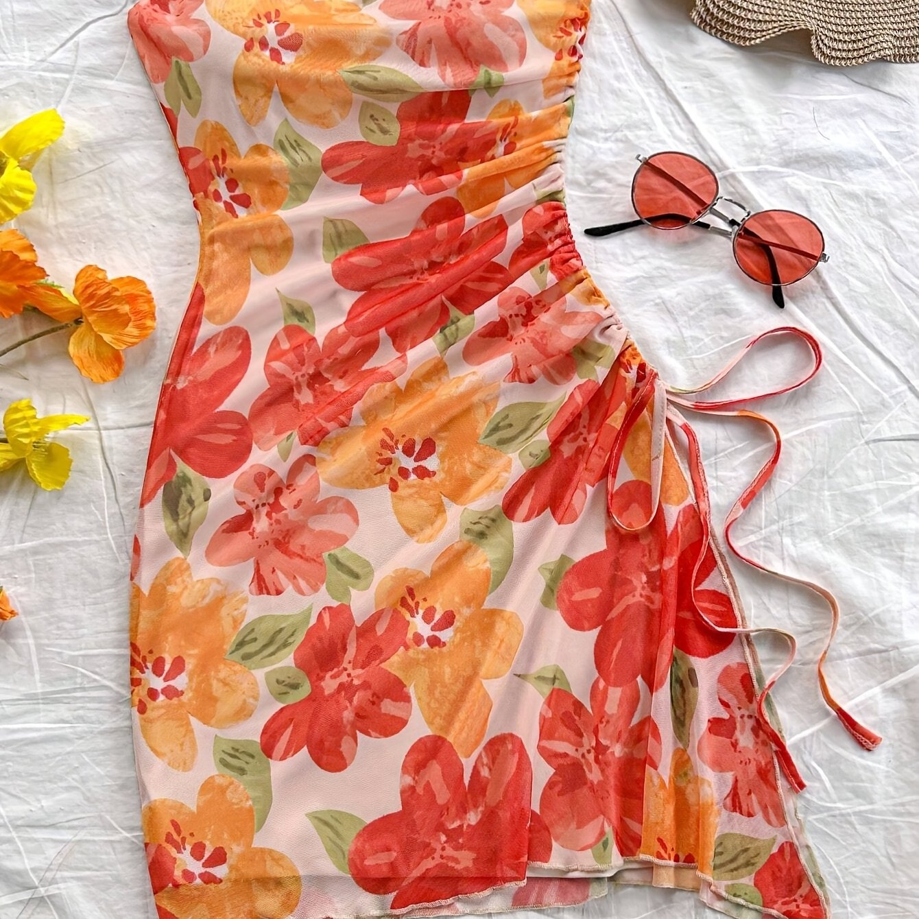 Women's Middle Eastern-Inspired Off-Shoulder Strapless Mesh Dress with Adjustable Side Drawstring Hem & Irregular Floral Print - Semi-Sheer All-Season Machine Washable Elegant Casual to Formal Wear, Beach Coverup, Flowy Const