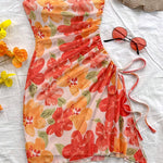 Women's Middle Eastern-Inspired Off-Shoulder Strapless Mesh Dress with Adjustable Side Drawstring Hem & Irregular Floral Print - Semi-Sheer All-Season Machine Washable Elegant Casual to Formal Wear, Beach Coverup, Flowy Const