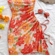 Women's Middle Eastern-Inspired Off-Shoulder Strapless Mesh Dress with Adjustable Side Drawstring Hem & Irregular Floral Print - Semi-Sheer All-Season Machine Washable Elegant Casual to Formal Wear, Beach Coverup, Flowy Const