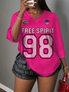 Women's Bright Pink V-Neck Breathable Mesh Athletic T-Shirt - FREE SPIRIT 98 Graphic Print, Summer Casual Sportswear, Machine Washable, Summer Athletic Wear | Sporty Vneck Top | Sporty Graphic Shirt, Sports T Shirt