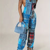 Patchwork Print Faux Denim Print Jumpsuit, Casual Sleeveless Tie Strap Drawstring Jogger Jumpsuit For Spring & Summer, Women's Clothing