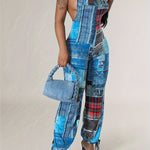 Patchwork Print Faux Denim Print Jumpsuit, Casual Sleeveless Tie Strap Drawstring Jogger Jumpsuit For Spring & Summer, Women's Clothing