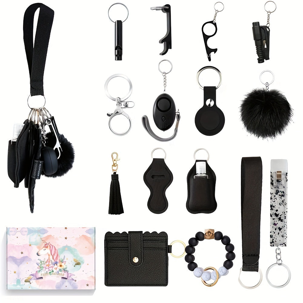 17pcs Women'S Safety Keychain Set with Personal Alarm, Friendship Love Theme, Oblong Shape, Snap Hook Closure, Floating Feature, Button Battery Included, Ideal Holiday Gift