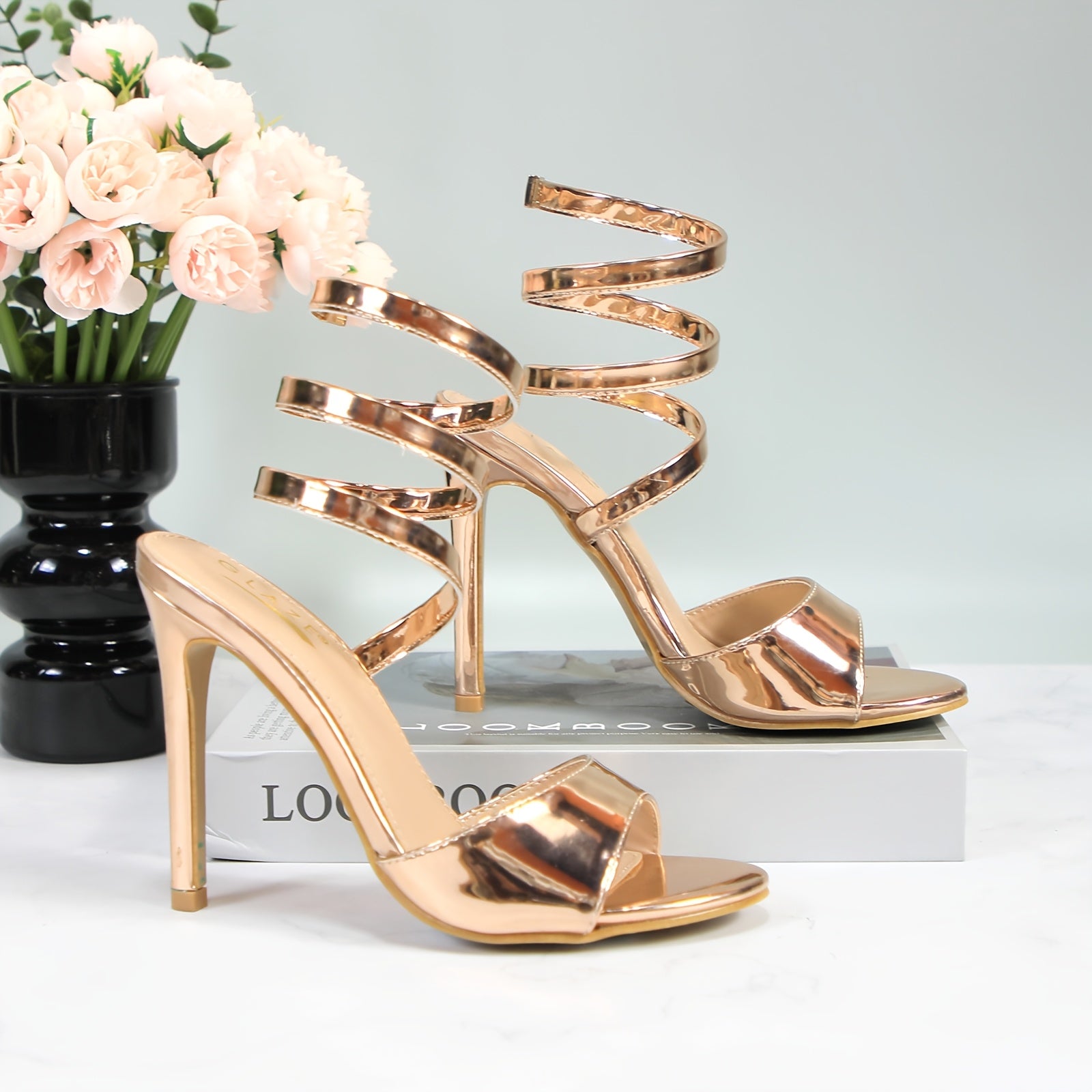 Women'S Open Toe Spiral Wrap Up Strappy High Heels Sandals, Golden Women'S Sexy Stiletto Sandals