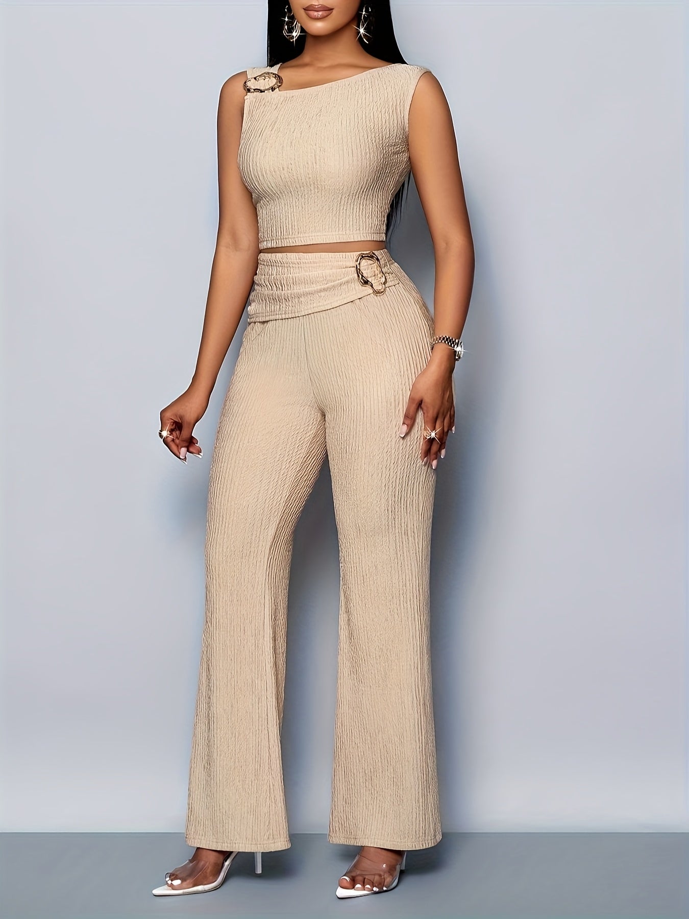 Women'S Elegant Beige Polyester Asymmetrical Neck Top & Flared Pants Set - Solid Color, Ribbed Texture, Belted Waist, Perfect for All Seasons