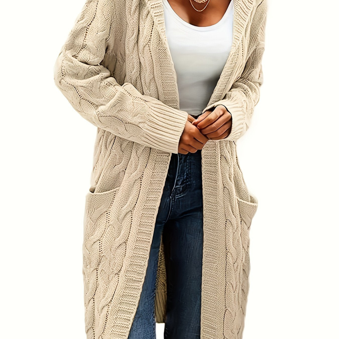 [Open Front] Women's Casual Cardigan - Black Cable Knit, Long Sleeve, Open Front with Pockets - Relaxed Fit for Fall/Winter