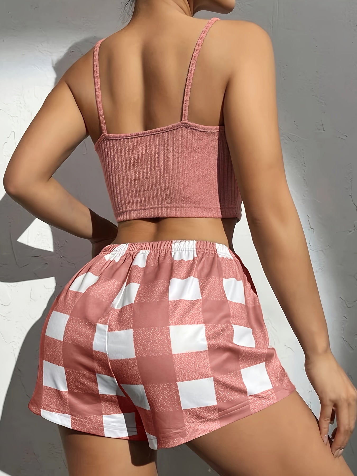 Plaid Print Lounge Set, Casual Ribbed Button Detail Round Neck Crop Cami Top & Drawstring Shorts, Women's Loungewear