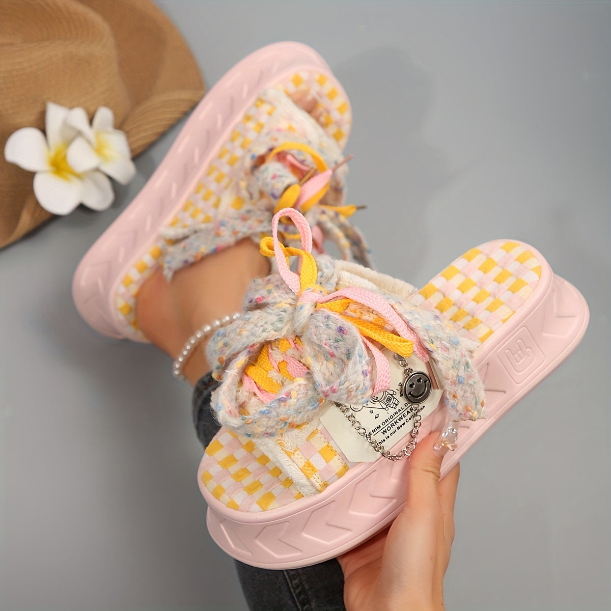 Women's Cute Thick Sole Slide Sandals - Spring/Summer 2025 Collection, Pastel Checkered Design with Bowknot, Open Toe, Fabric Upper & Rubber Sole, Comfortable Outdoor Wear, Casual Sandals | Bowknot Detail | Soft Strap Sandals