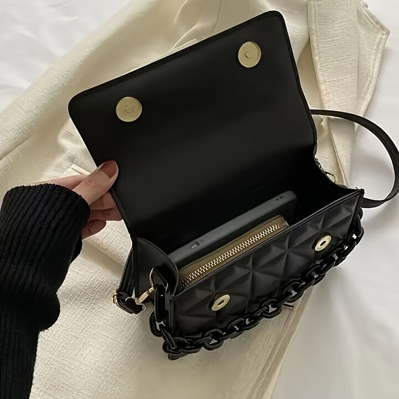 Fashionable Mini Embossed Crossbody Bag for Women - Stylish Pure Black Shoulder Bag with Magnetic Closure.