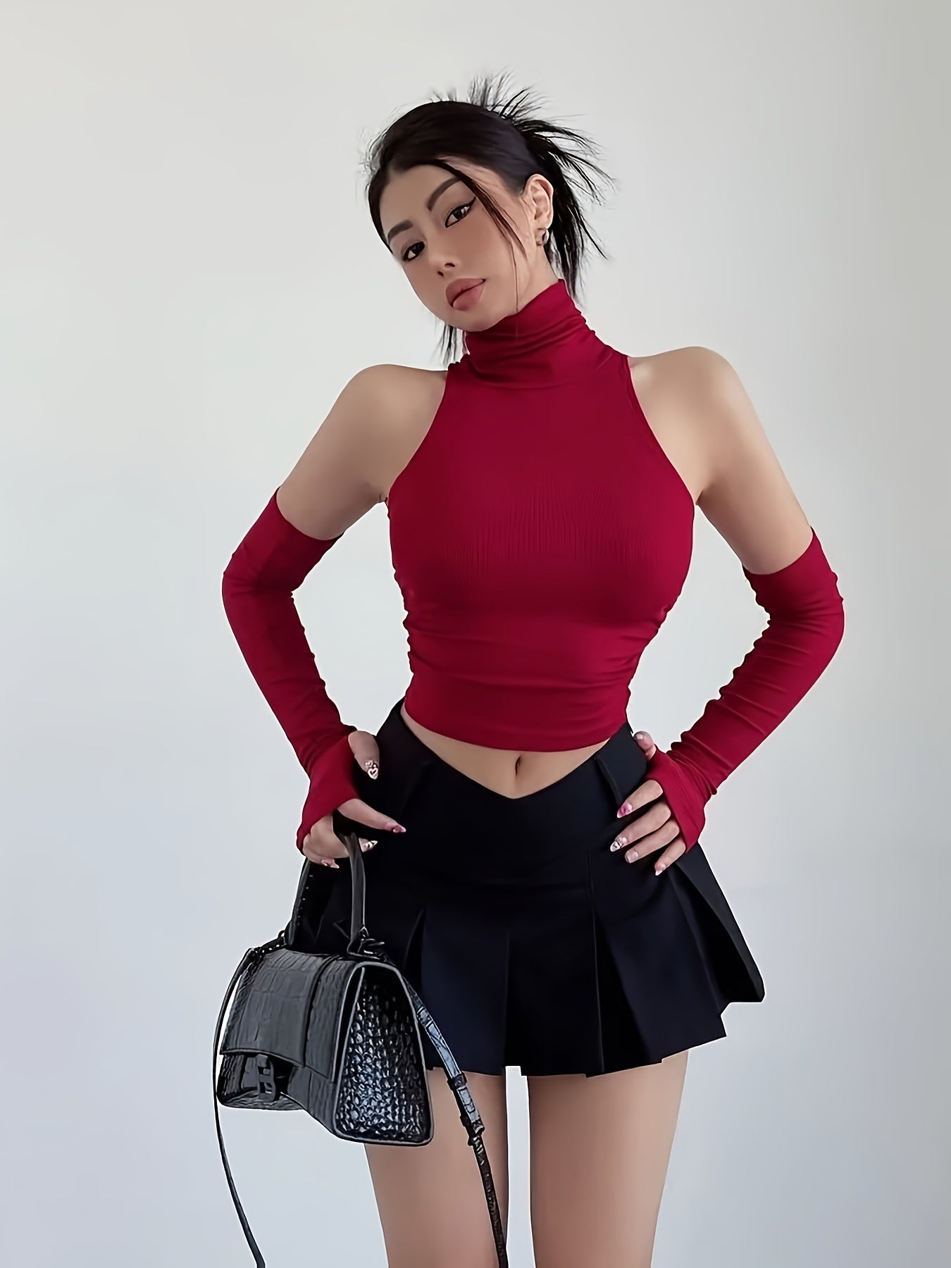 Stylish Black Pleated Mini Skirt for Women - High-Waisted, V-Leg Design, Polyester, Machine Washable, Perfect for Casual or Commuter Wear