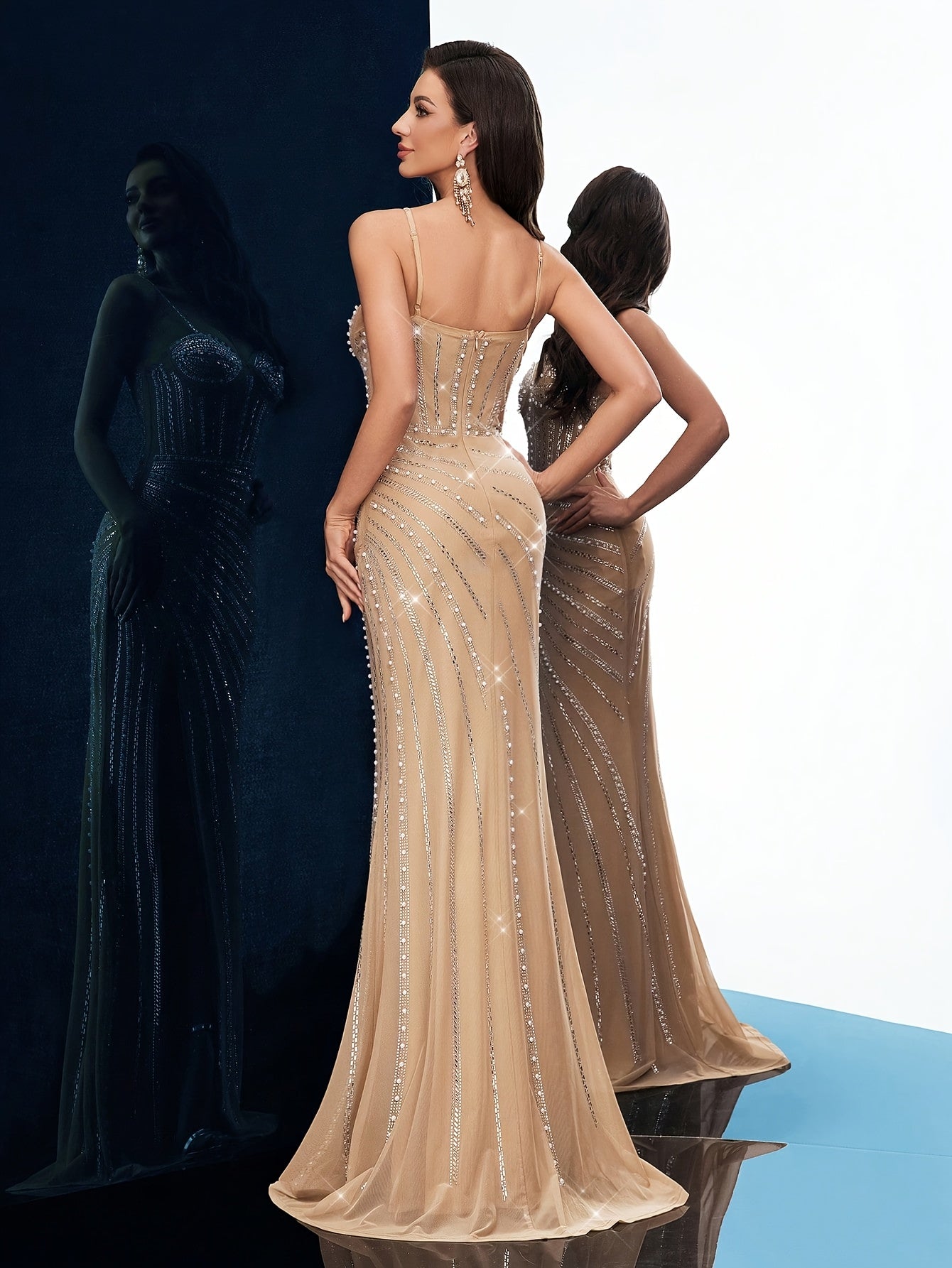 QOQ Women's Elegant Apricot Sequin Evening Dress - Long Sleeveless Bodycon Formal Gown with Fish Tail Hem, Medium Stretch Fabric for Spring/Summer Events, Glamorous Event Attire, Sophisticated Silhouette, Rhinestone Embellish