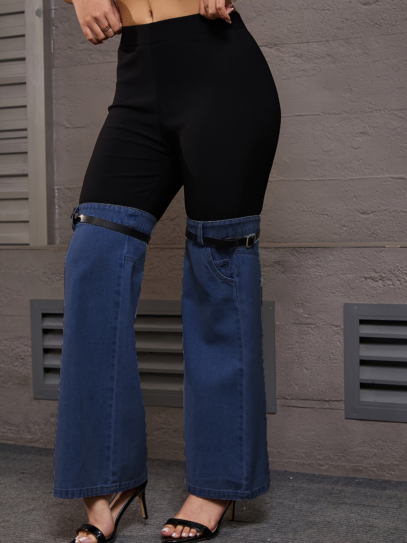 Women High Elastic Waist Two Tone Trendy Patchwork Jeans With Garter Belt Detail – Unique Streetwear Style