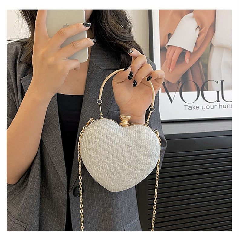 Ladies Fashion Shining Chain Crossbody Bag, Elegant Shoulder Heart Shaped, Metal Embellished, Black, with Buckle Closure, for Party, Wedding, Date