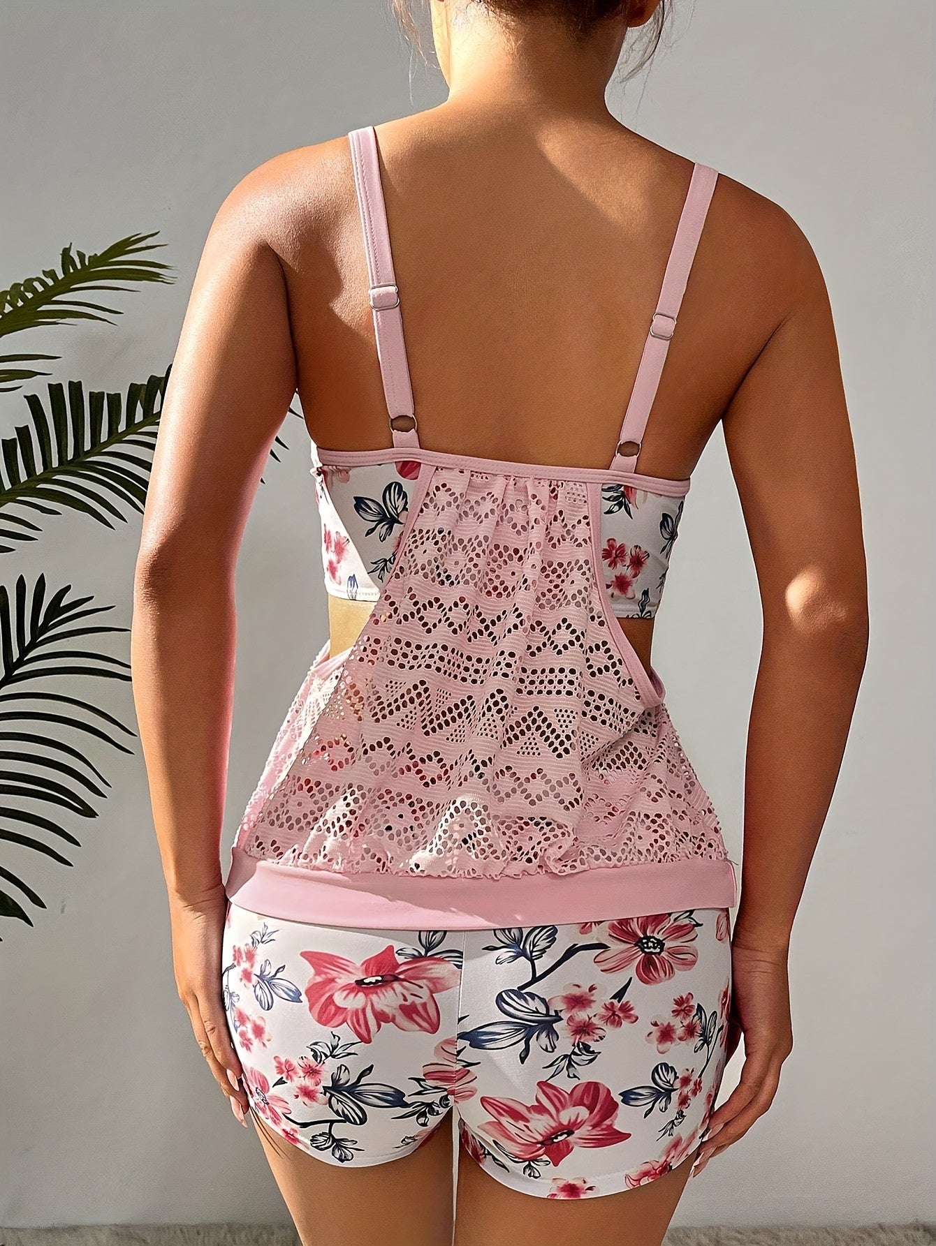 Floral Pattern 2 Piece Set Tankini, Round Neck Contrast Mesh Boxer Short Bottom Swimsuits, Women's Swimwear & Clothing