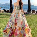 Women's Vibrant Floral Print Sleeveless Maxi Dress with Tropical V-Neck and Ruffled Hem - Perfect for Summer Vacations and Beach Outings, Vacation Attire | Fitted Waist, Beach Dress