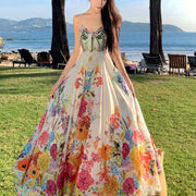 Women's Vibrant Floral Print Sleeveless Maxi Dress with Tropical V-Neck and Ruffled Hem - Perfect for Summer Vacations and Beach Outings, Vacation Attire | Fitted Waist, Beach Dress