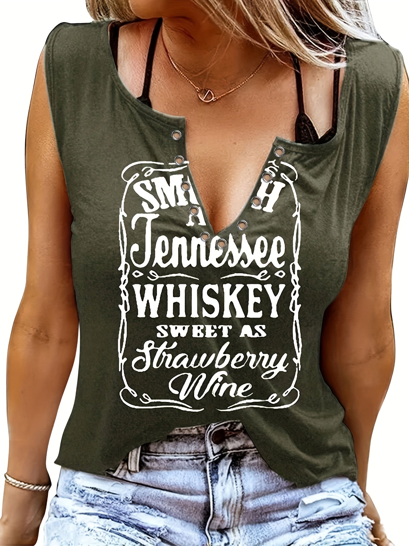 Ladies' Fun Alphabet Print V-Neck Sleeveless T-Shirt - Polyester, Casual Style, Machine Washable, Lightweight & Comfortable for Casual Attire, Ladies T Shirts