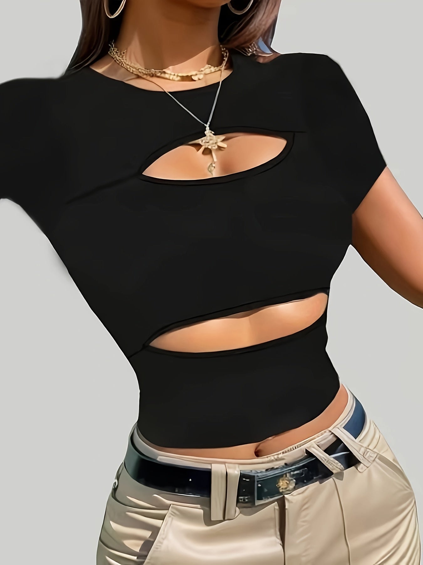 Women's Sexy Backless Cropped T-Shirt - Stretchy Slim Fit Short Sleeve Top, Black Solid Color Casual & Layering Essential, Machine Washable All-Season Versatile Tee, Layering Fashion Top | Halter Neckline Top | Medium Elastic