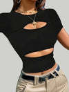 Women's Sexy Backless Cropped T-Shirt - Stretchy Slim Fit Short Sleeve Top, Black Solid Color Casual & Layering Essential, Machine Washable All-Season Versatile Tee, Layering Fashion Top | Halter Neckline Top | Medium Elastic