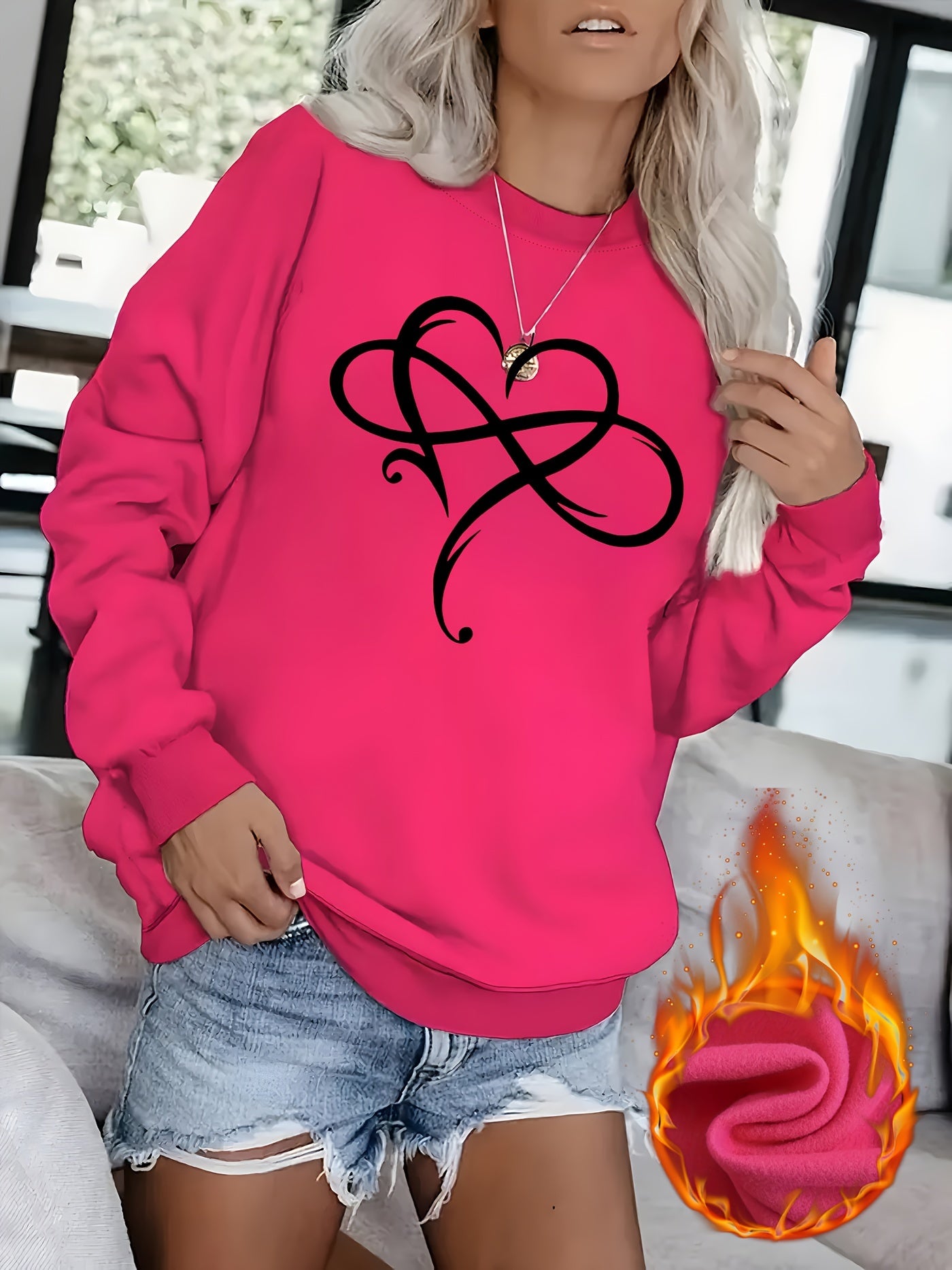 Elegant Crew Neck Sweatshirt for Women with Creative Heart Design - 100% Polyester Knit Fabric, Long Sleeve Pullover for All Seasons