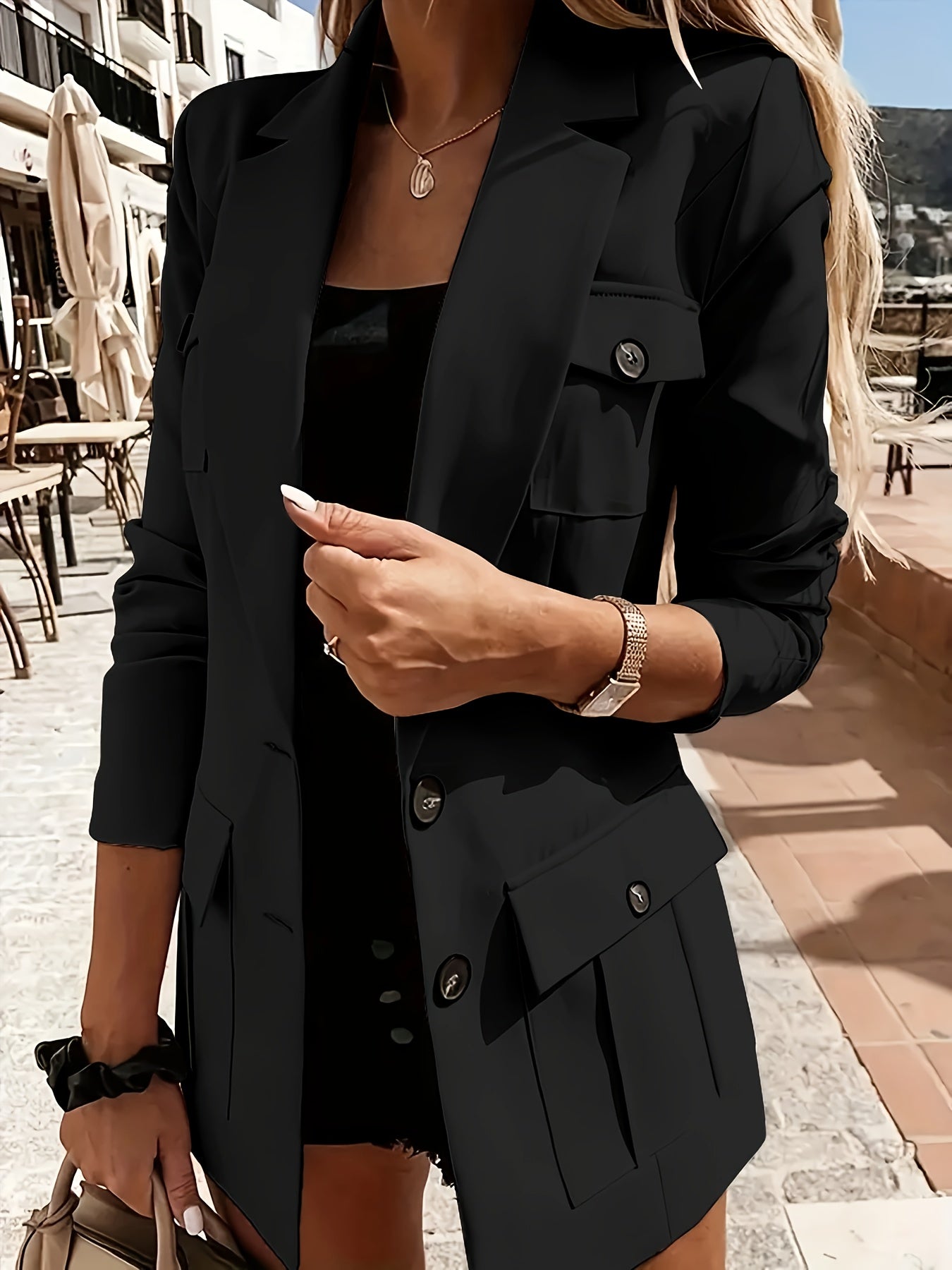 Women's Elegant White Blazer with Pockets - Long Sleeve, Button Front, Polyester Office Jacket for Professional Style, Elegant Clothing | Sophisticated Blazer | Singlebreasted Design