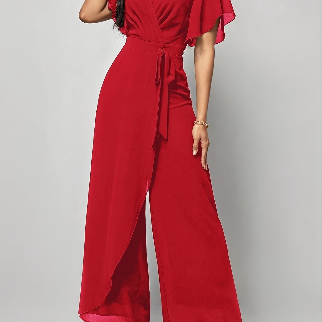 Elegant Green V-Neck Jumpsuit for Women - Solid Color, Wide Leg with Ruffle Sleeves & Tie Waist, Lightweight Polyester, Machine Washable - Perfect for Spring & Summer