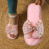 Women's Indoor Furry Slippers with Open Toe, Rhinestone and Bow Detail Elegant Home Slip-Ons in Plus Size Soft Comfort
