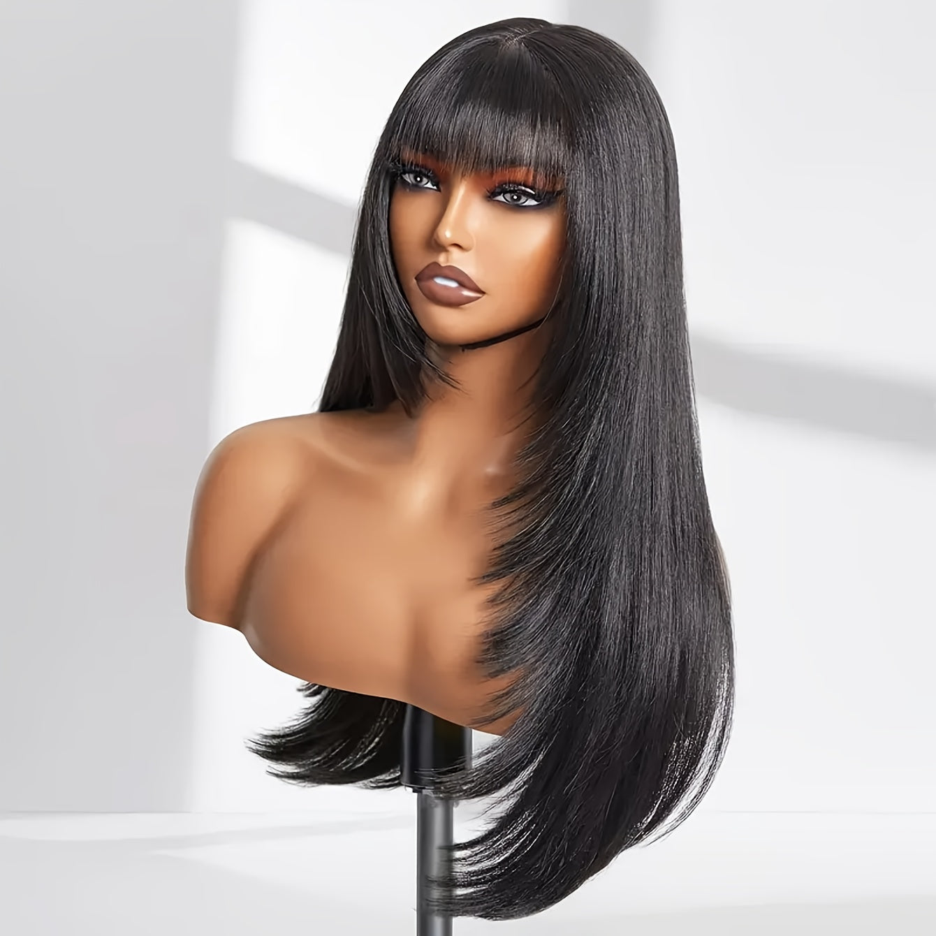 26" Long Straight Layered Wig with Bangs - Natural Black Synthetic Hair, Glueless Put-On Style, High-Temperature Fiber, Pixie Cut for Women, Perfect for Casual Attire