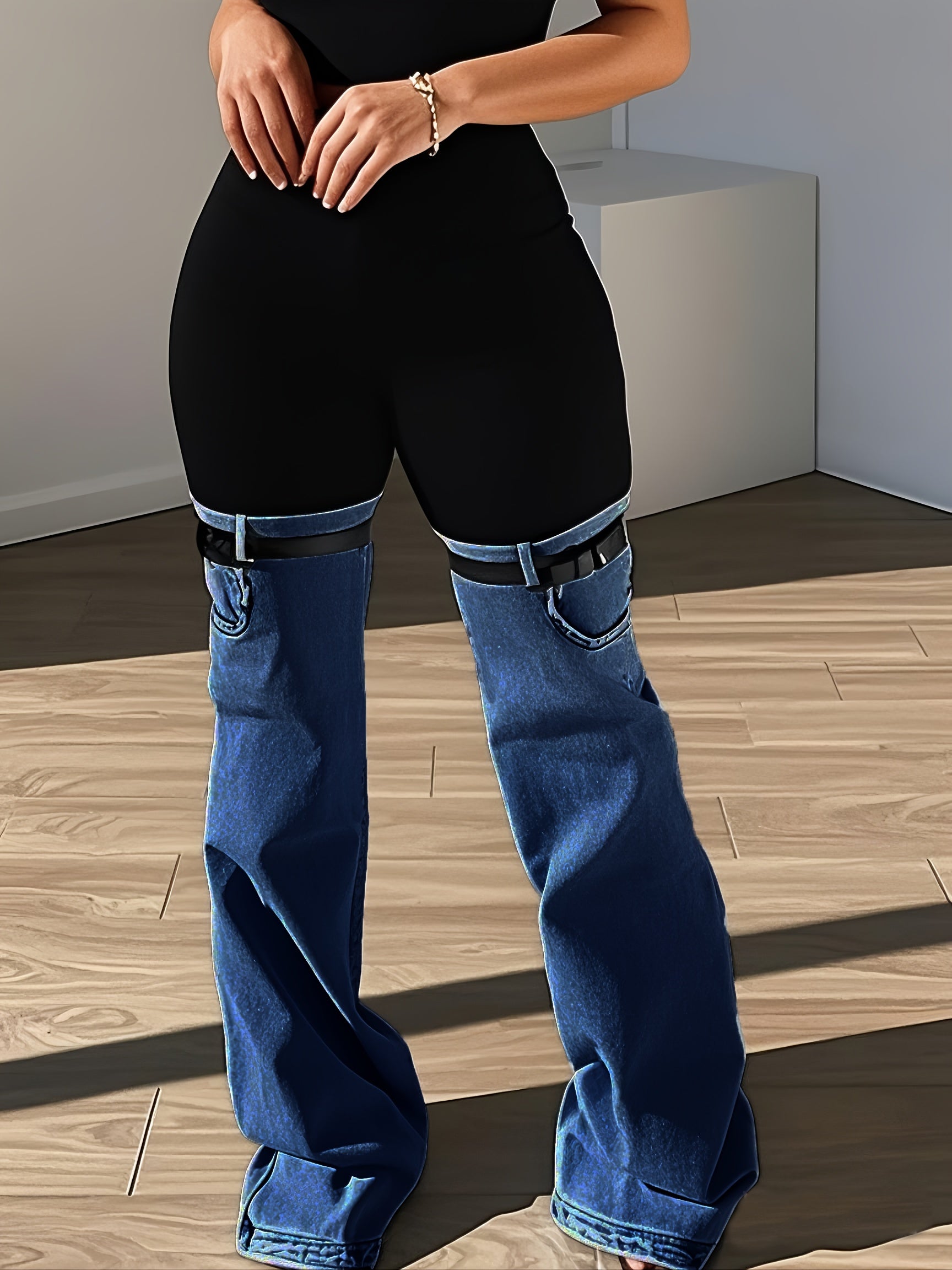 Women High Elastic Waist Two Tone Trendy Patchwork Jeans With Garter Belt Detail – Unique Streetwear Style