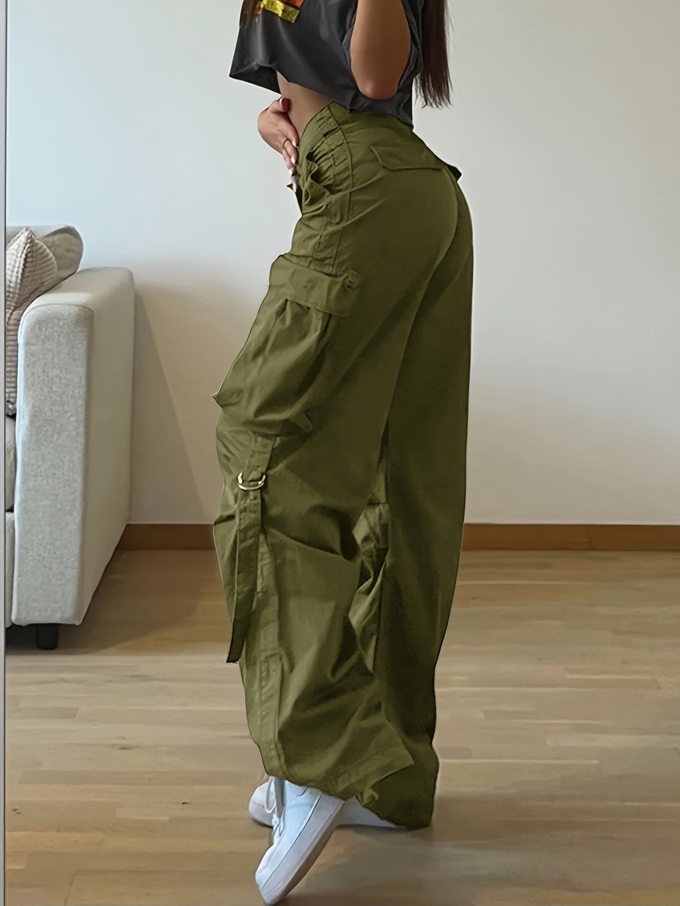 Casual Solid Color Cargo Pants for Adults, 100% Polyester Woven Fabric, All-Season Tapered Jogger Style with Drawstring, Pockets, 130g/m² Weight - Streetwear Essential
