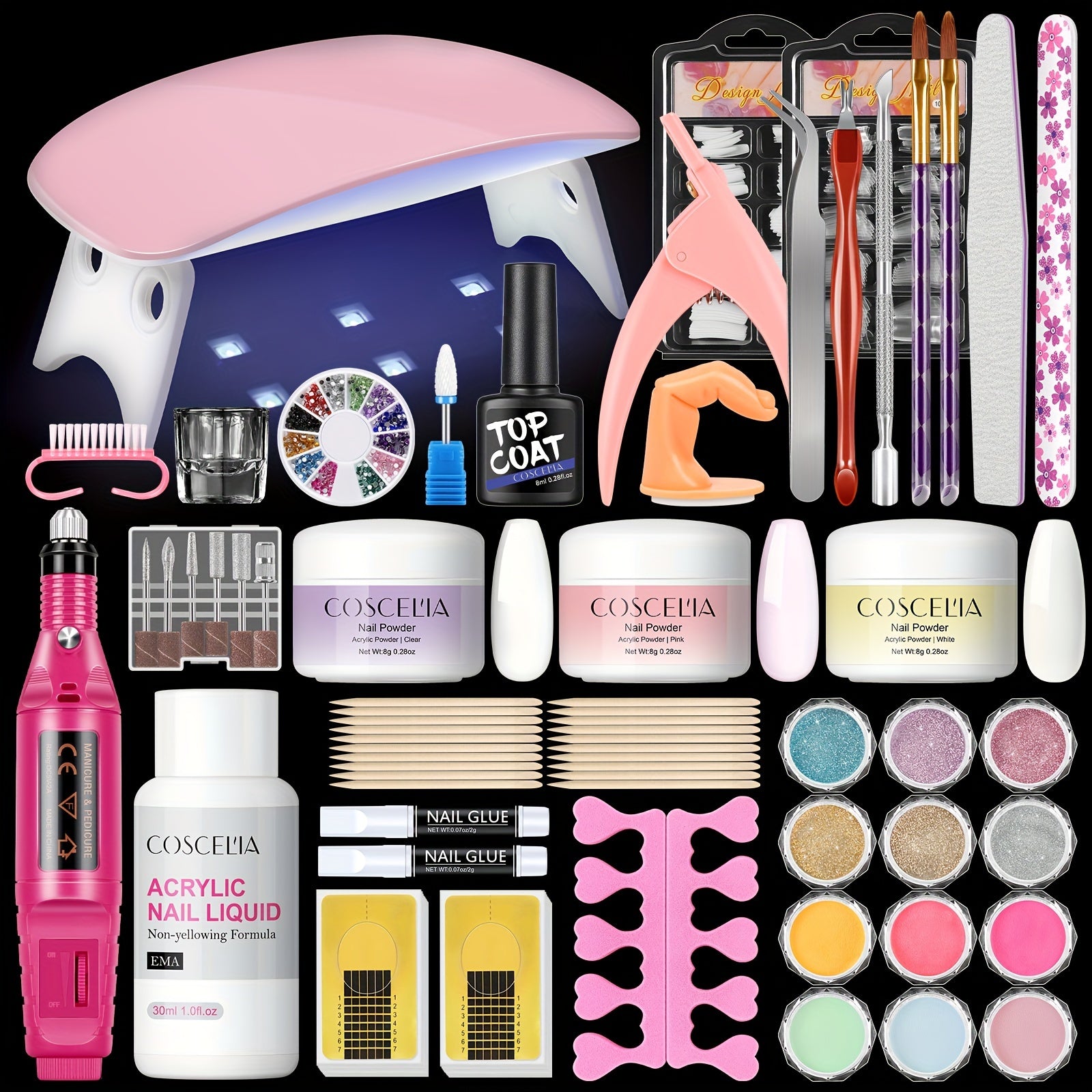 Acrylic Nail Powder Kit with Nail Lamp & Drill – 37PCS Acrylic Nail Set for Beginners & Professionals – White, Pink, Clear Powders + Tools & Decorations
