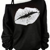 Lip Print Slant Neck T-Shirt, Casual Long Sleeve T-Shirt For Spring & Fall, Women's Clothing