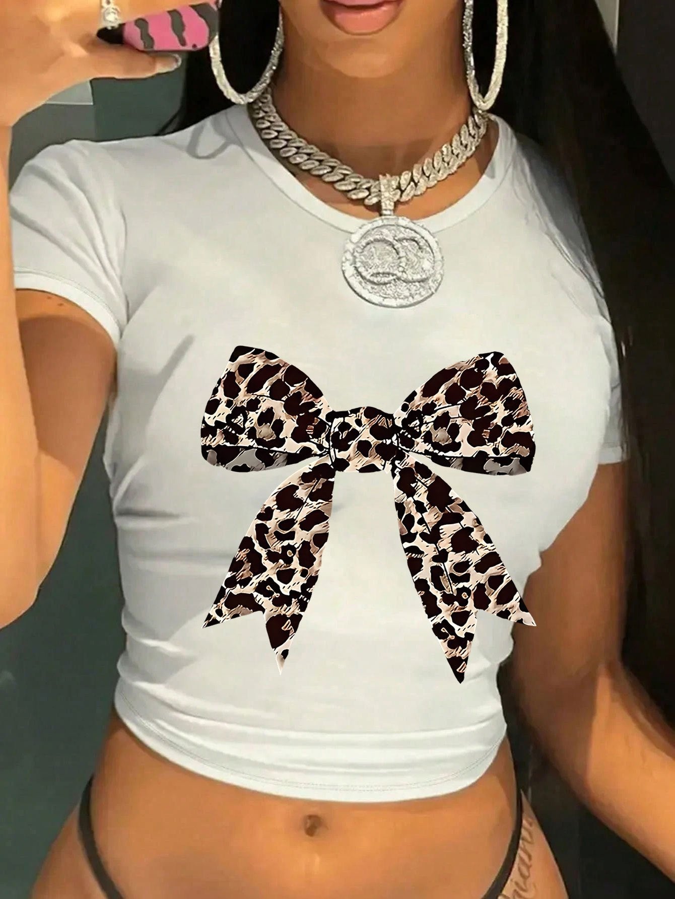 Women's Y2K Leopard Bow Print Cropped T-Shirt - Light Blue Soft Fabric, Machine Washable, Versatile Casual & Evening Wear, Style Statement Top | Elegant Design | Comfortable Fit, Leopard Print Shirt