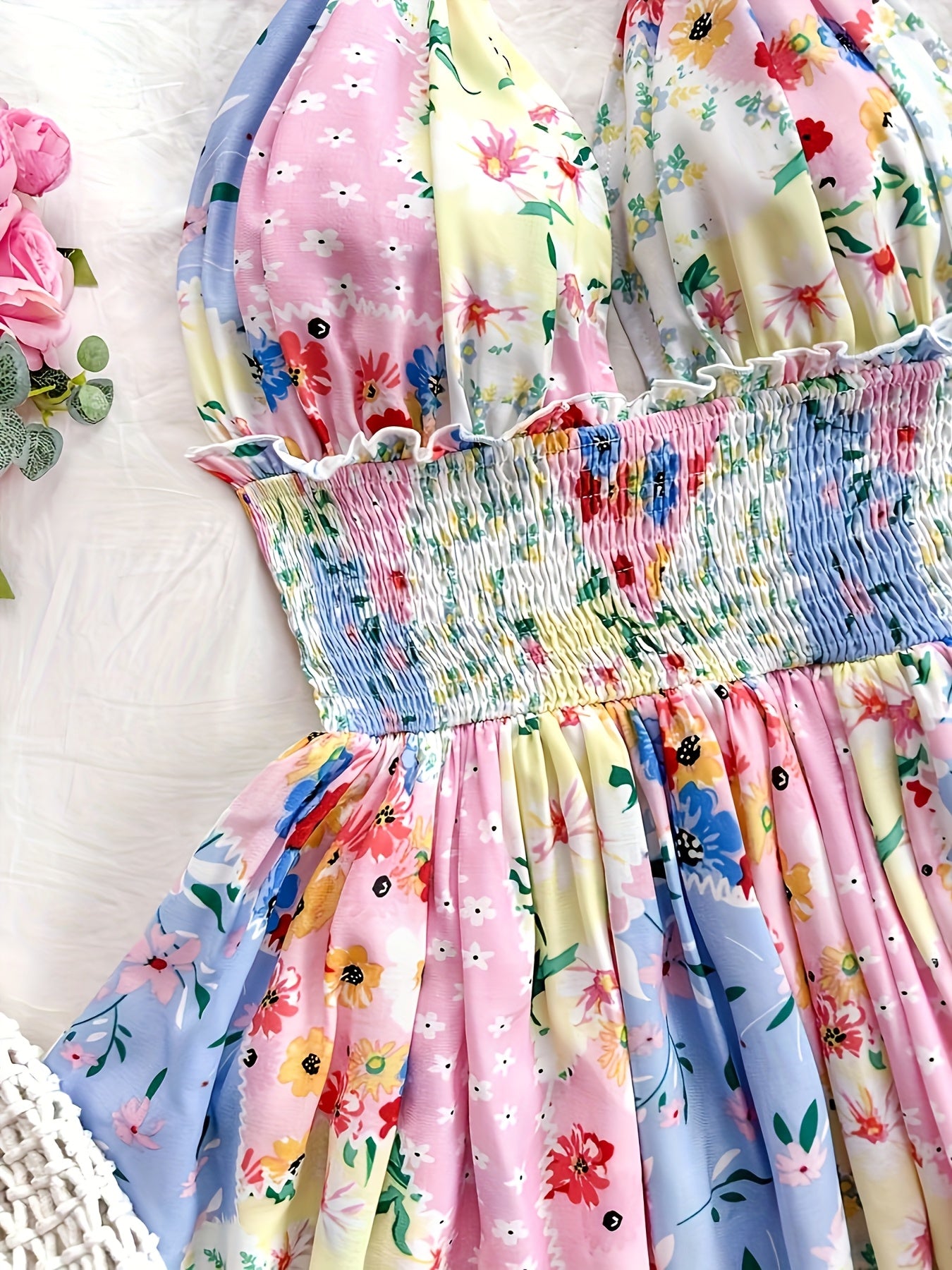 Floral Print Halter Suspender Dress for Women - Elegant Spring/Summer Sleeveless Mini Dress with Shirred Detail, Vibrant Floral Pattern, Lightweight Polyester, Perfect for Casual or Dressy Occasions, Formal Outfit | Bowknot D