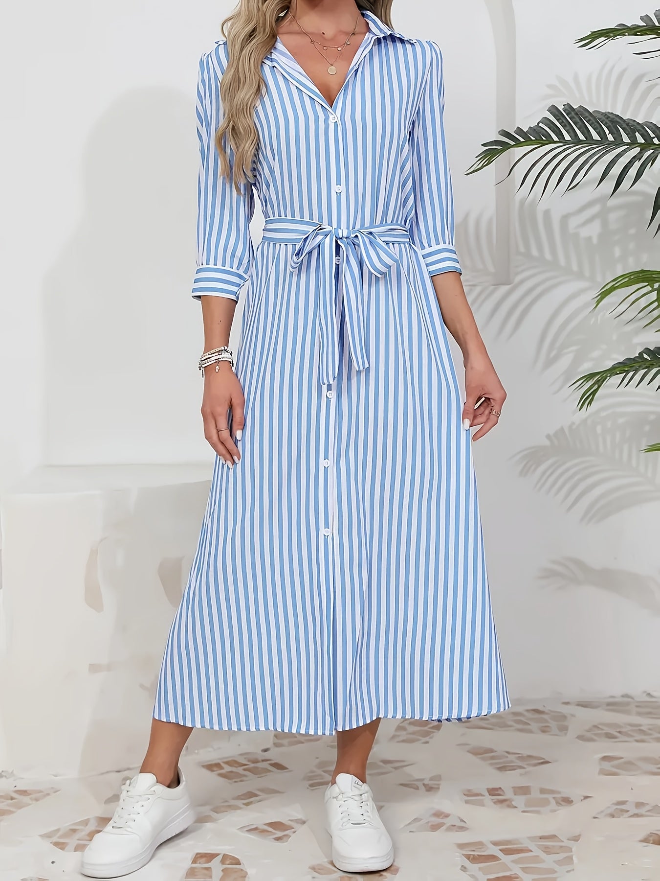 Elegant Long Sleeve Striped Shirt Dress with Waist Tie - Casual Commute Fashion for Women, All-Season Comfort, Three-Quarter Sleeve, Button-Up, Casual Attire | Stylish Casualwear | Polo Collar Dress