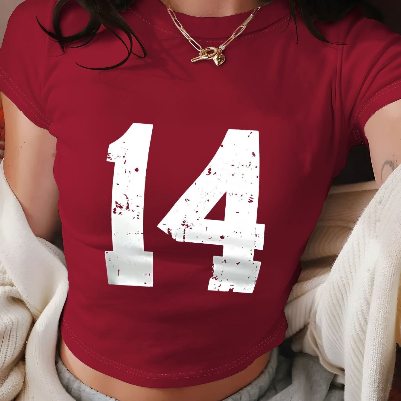 Women's Y2K Geometric Number 14 Print Crop T-Shirt - Soft Casual Top, Light Yellow with White Numerals, Spring Summer Versatile Tee, Distressed Style, Machine Washable Fabric, Comfortable Fit