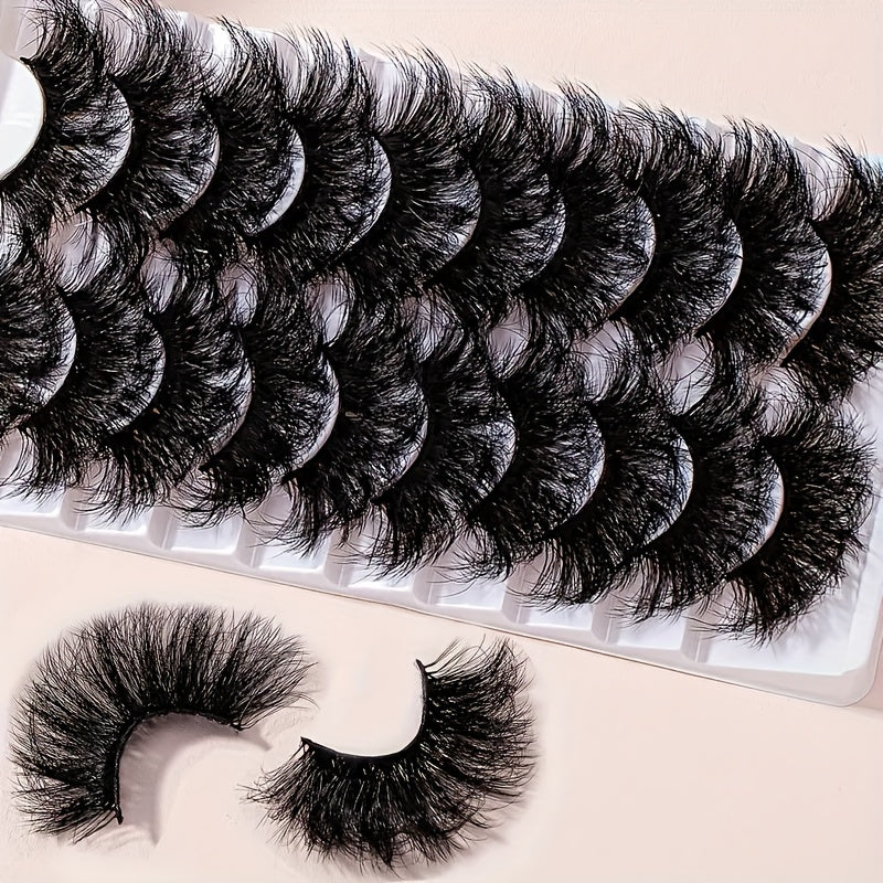 10 Pairs 25mm Super Fluffy False Eyelashes, Artificial Mink Thick Volume Lashes, Natural Looking 8D Dramatic Extension, Long-Lasting, Eye-Catching Shine, Unscented Pair - Beauty Enhancing Fake Lashes