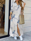 Women'S Floral Print Long Sleeve Maxi Dress with Lapel Collar and Side Pocket, Polyester Vacation Shirt Dress, Animal Pattern, Woven Fabric, for Spring/Fall