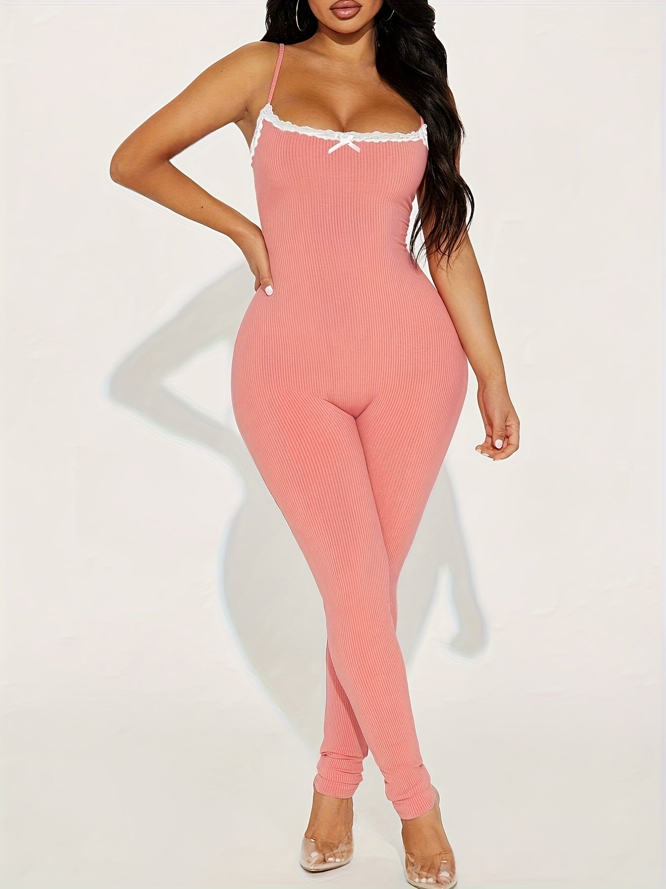 Peach Ribbed Lace-Trimmed Jumpsuit for Women - Stretchy Off-Shoulder Design, Slim Fit, Machine Washable, Y2K Style for Spring/Summer/Fall