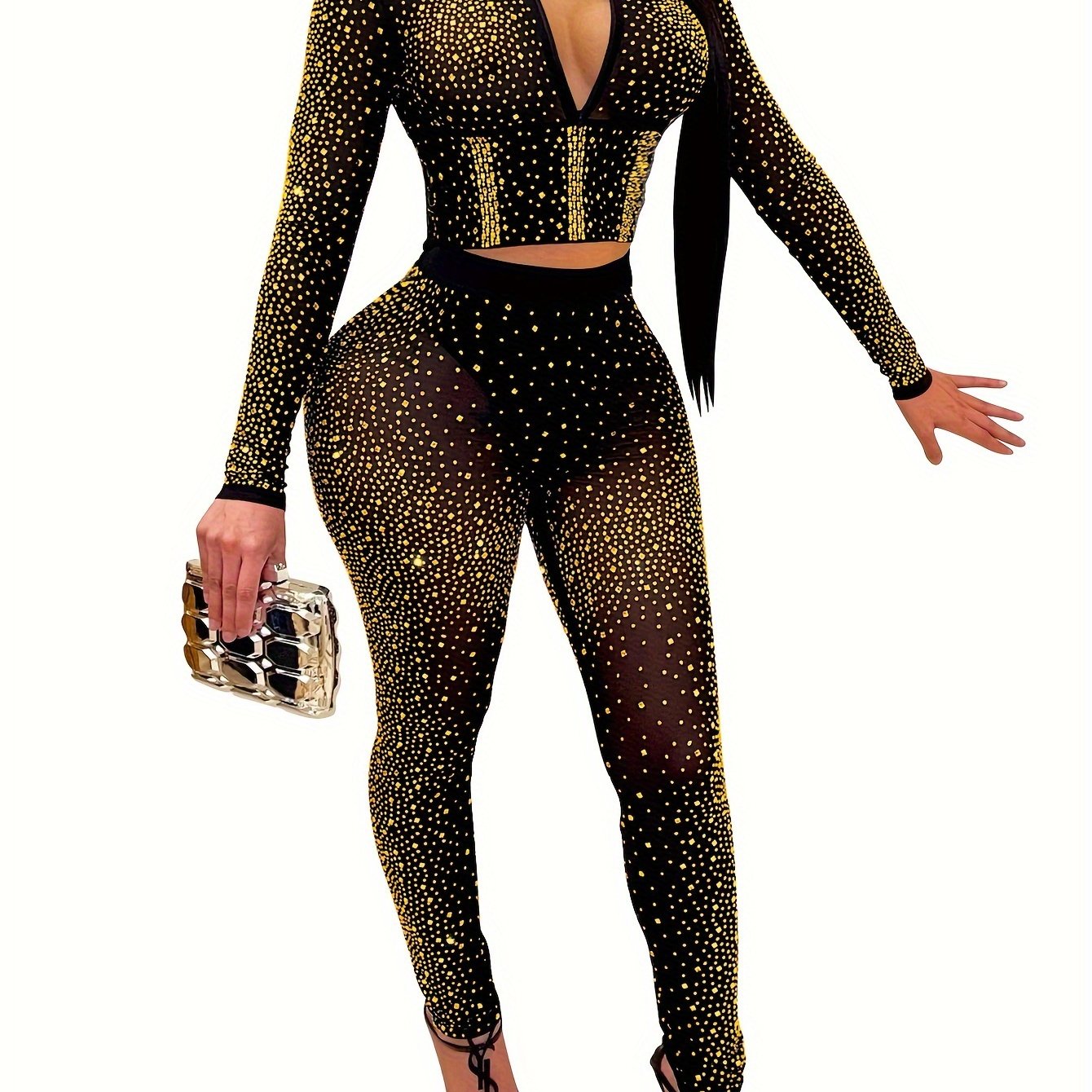 Chic Rhinestone-Embellished V-Neck Long Sleeve Top & Pants Set for Women - Sexy, Semi-Sheer Polyester Blend, Perfect for Spring/Summer, Sexy Style, Spring/Summer