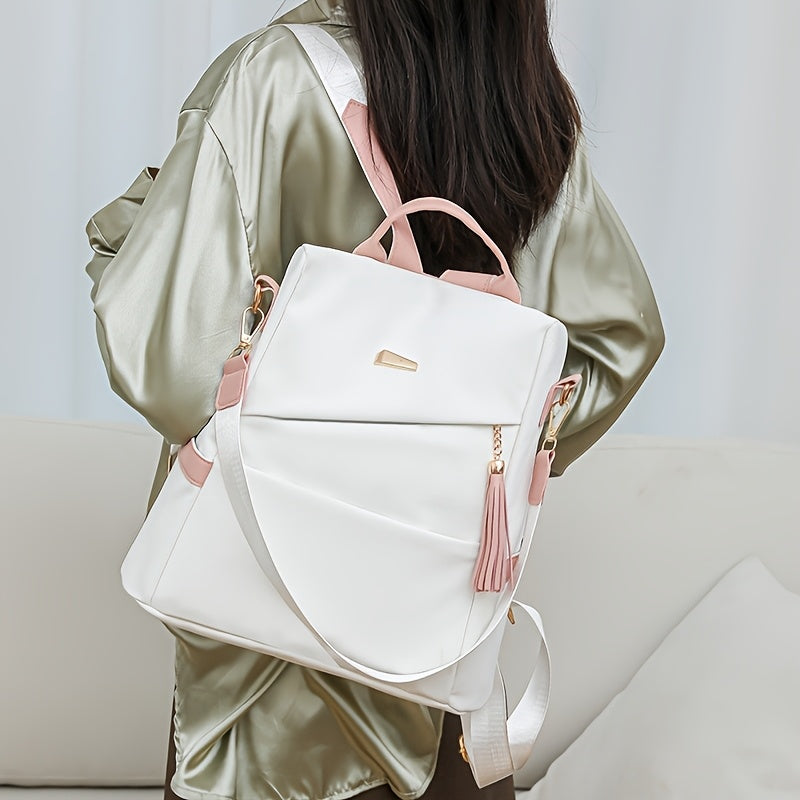 [Travel Ready] Elegant Women's Anti-Theft Lightweight Backpack - Chic White with Pink Accents, Large Capacity, Adjustable Straps, Tassel Detail, PU Material, Perfect for Travel & Daily Use