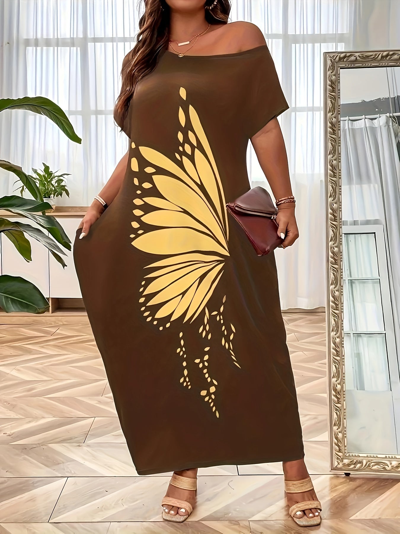 Chic Off-Shoulder Butterfly Print Maxi Dress for Women - Casual & Elegant, 100% Polyester, Machine Washable, Summer-Ready with Short Sleeves & Pockets