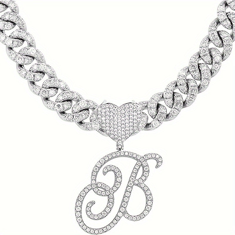 Silvery Cuban Link Necklace - Heart-shaped Alphabet Pendant on Ice Chain - Unisex Hip-hop Jewelry Gift