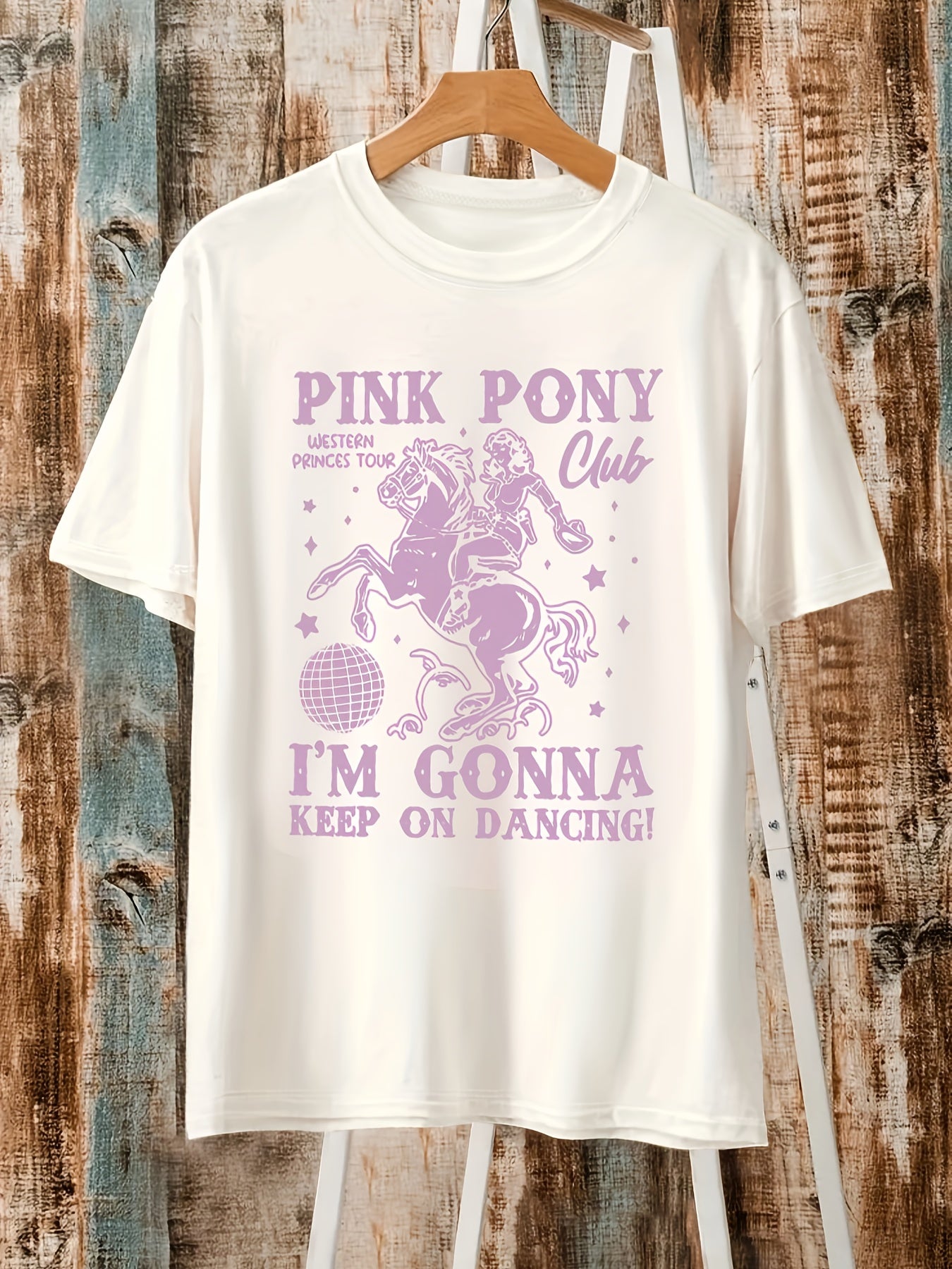 Women'S Pink Pony Club Graphic Tee - "I'm Gonna Keep on Dancing" Print, Casual Crew Neck Short Sleeve T-Shirt, Spring/Summer Fashion Top, Cute and Elegant Styl
