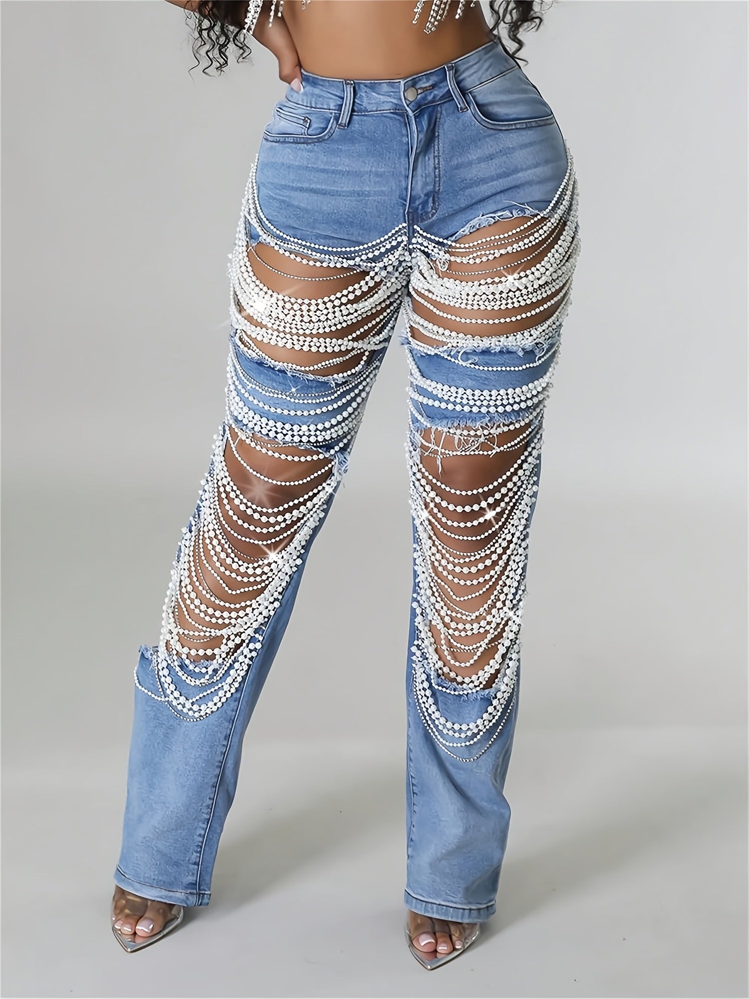 Straight Leg Jeans For Women Mid-Rise Distressed Ripped Hole Pearl Chain Denim Pants