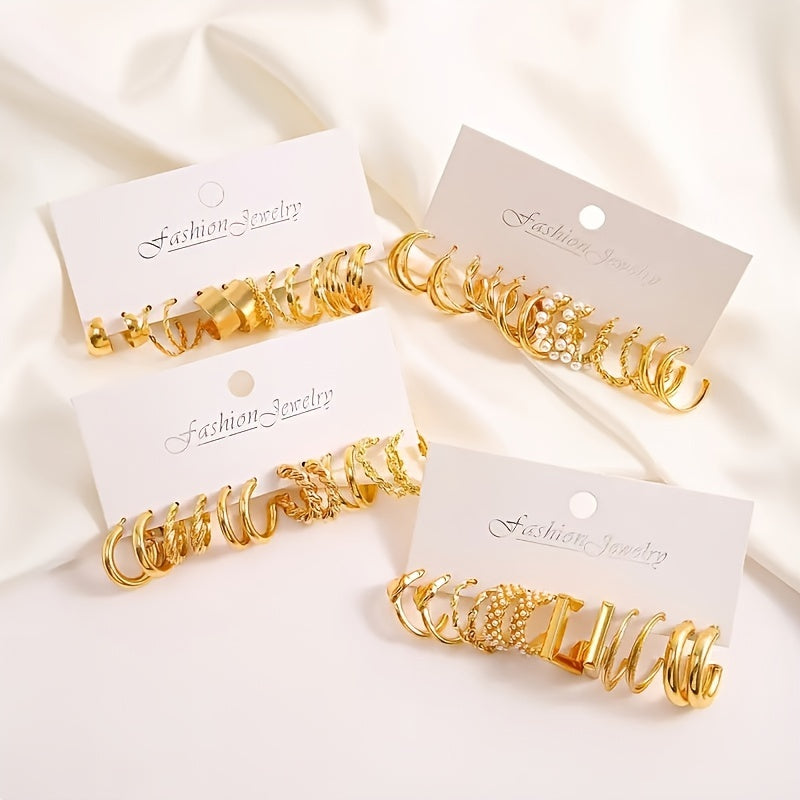 A Set Of 48 Simple And Elegant Golden Geometric Twisted Love Imitation Pearl Earrings For Ladies, Suitable For Vacation Dates, Daily Wear, And Gifts.