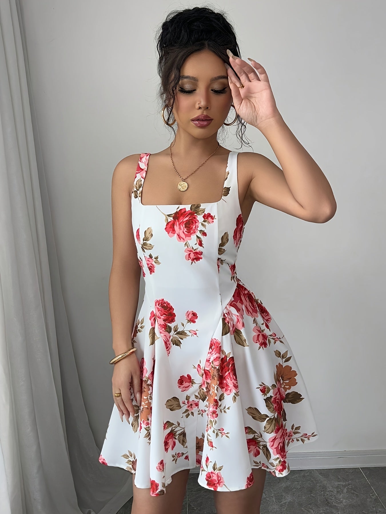 Women's Sleeveless Floral Print A-Line Dress - Square Neck Ruched Detail Summer Dress with Red Roses & Green Foliage, Machine Washable Elegant Casual Outfit