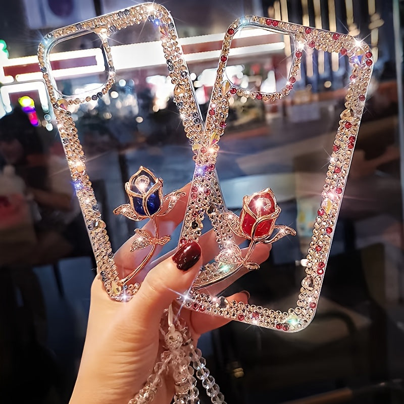 [1pc Luxurious Rose Flower Phone Case] Luxurious And Stylish Three-Row Glass Hardware Rose Flower Phone Case with Sparkle Bracelet Strap, Suitable for Iphone 16 Pro Max, Shockproof Phone Cover.