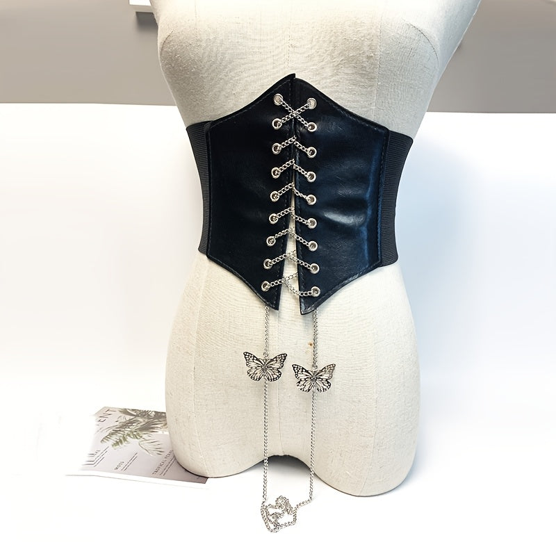 1pc Women'S Wide Court Style Corset Belt with Butterfly Chain Embroidery, Casual Stretchy Faux Leather Waist Cincher, Adjustable Lace-Up Design for Weekend Wear